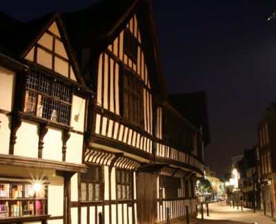 Old timber frame buildings at night